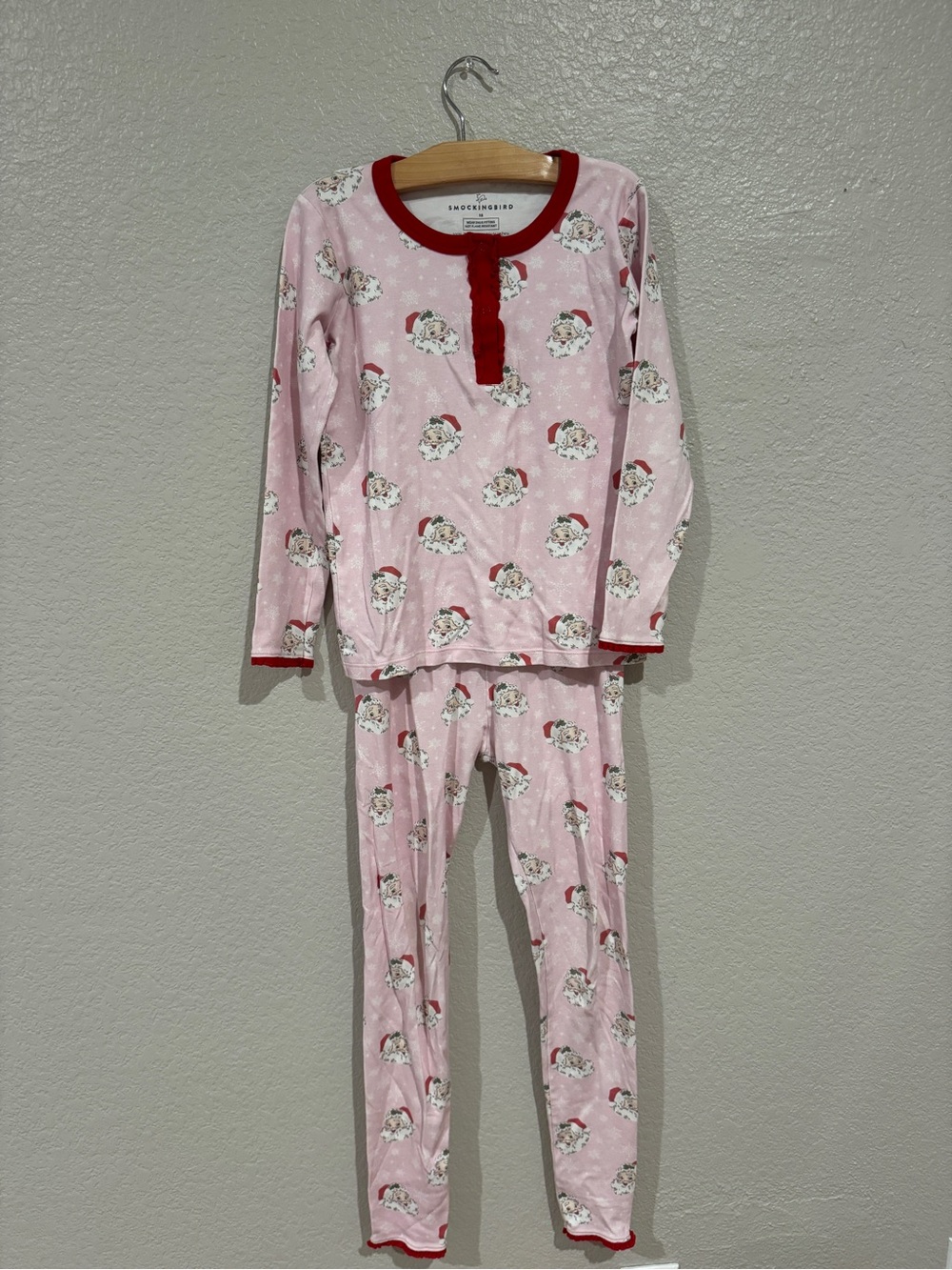 Smockingbird Pink Santa Print Kids Pajama Set with Red Trim